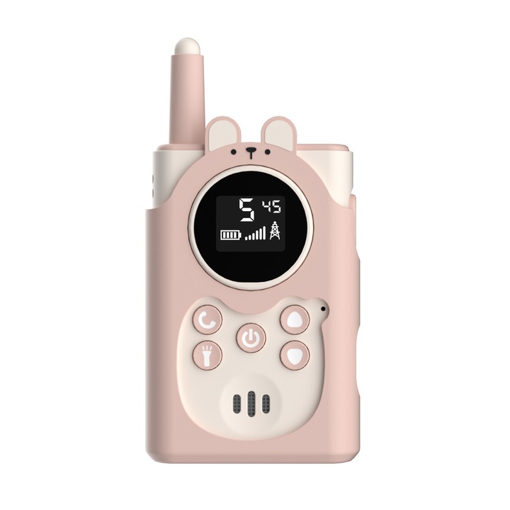 Walkie talkie gyerekeknek, 2 részes készlet, HD kijelző, távolsági kaputelefon, tiszta hangminőség, stabil jel, zseblámpa kialakítás, USB töltés, védőtokkal felszerelt, rózsaszín