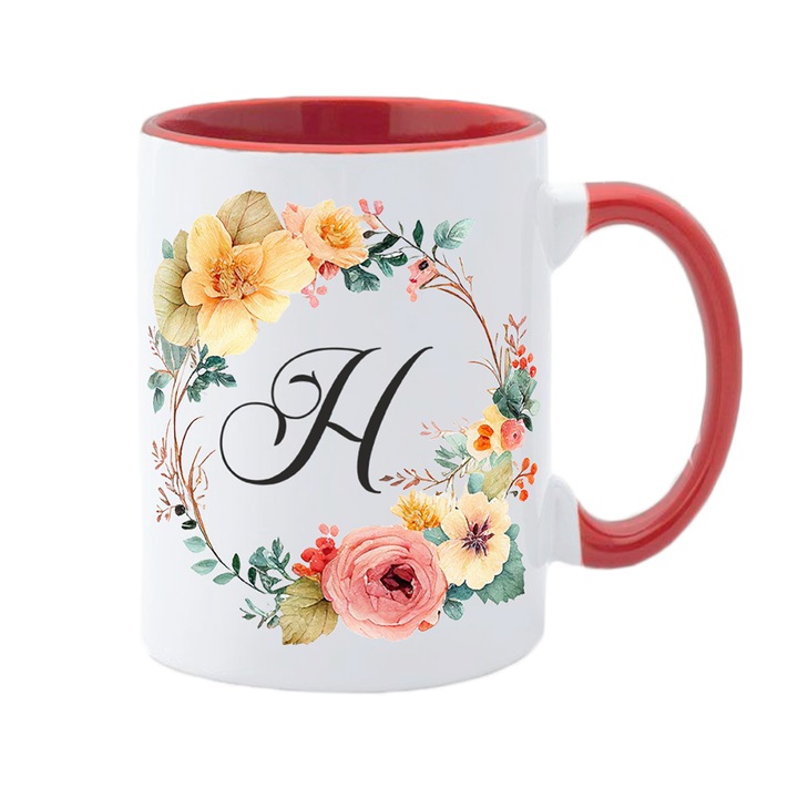 Cana personalizata cu initiala numelui, alba cu interior si maner rosu, 350ml, Colectia Flori-Alfabet, litera H