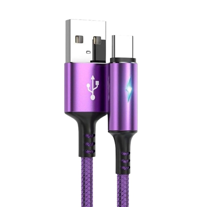 Кабел за данни, USB-C, найлонова оплетка, бързо зареждане, лилав, 120 см