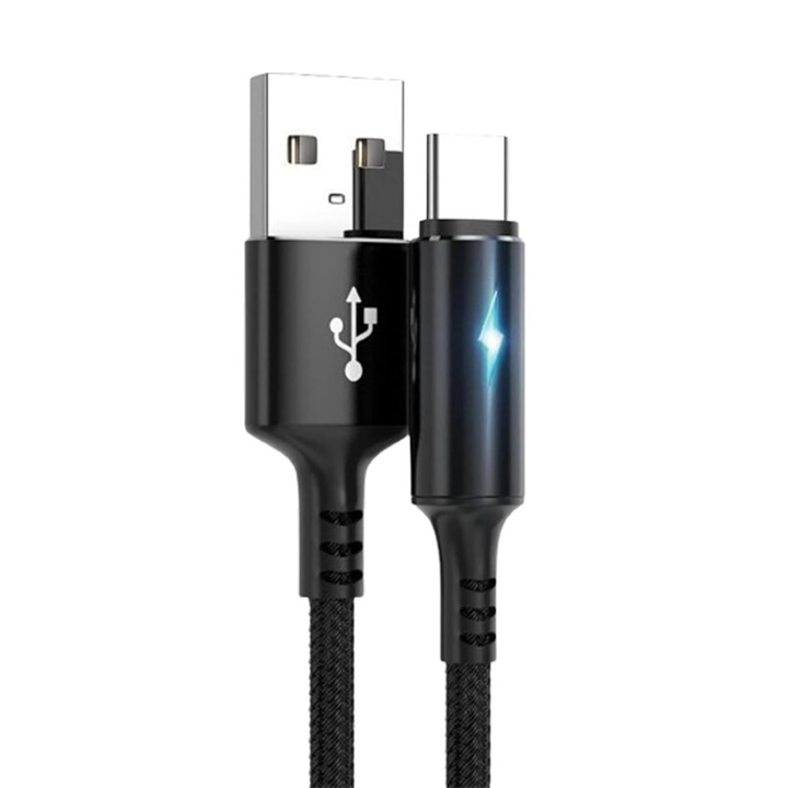 Кабел за данни, USB-C, Найлонова оплетка, Бързо зареждане, Черен, 200 см