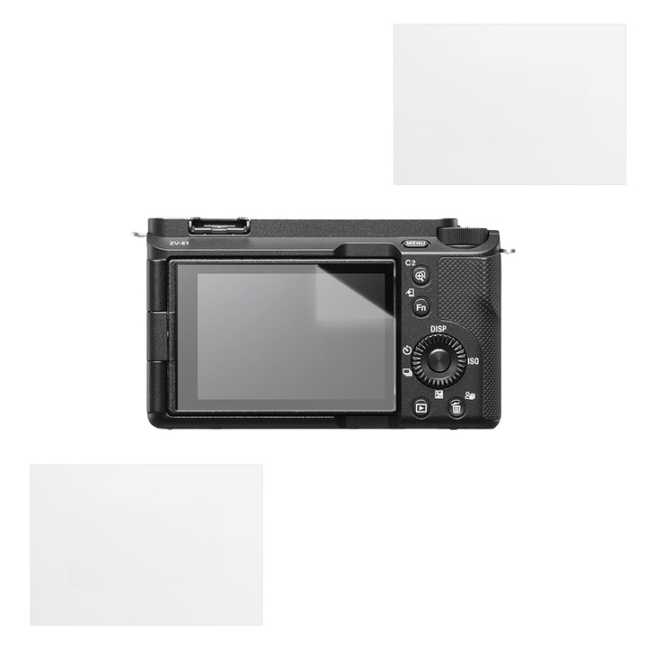 Set protectie compatibil cu Sony ZV-E1, COMANDO Focus Shield, 2 Folii de Silicon Rezistente pentru Ecran, Anti-Reflexie, Anti-zgarieturi, Proprietati Regenerabile, Protectie Anti-Amprente, Aplicare usoara, Gri Transparent