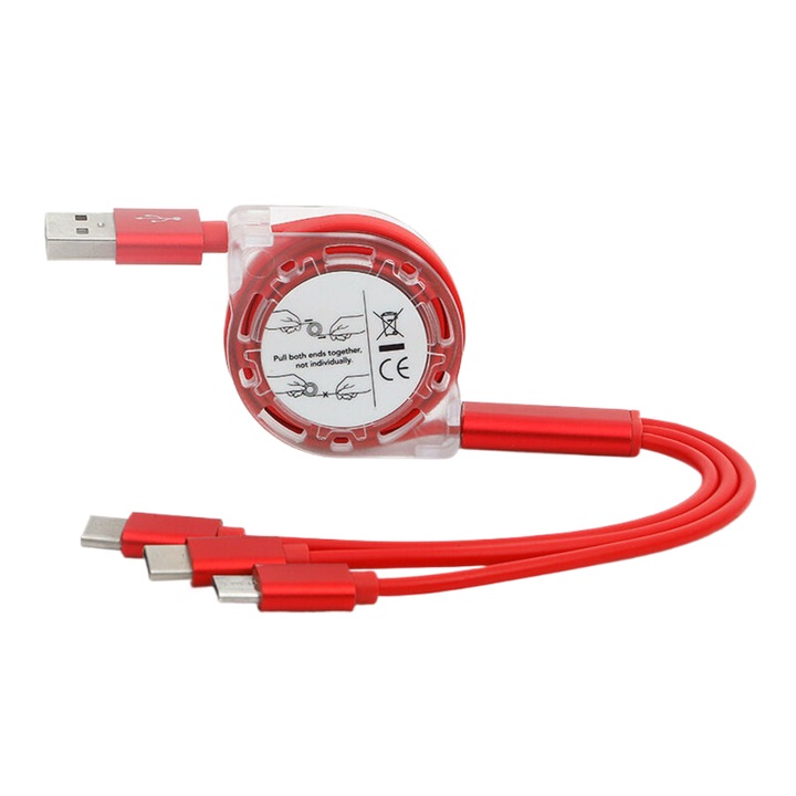 OEM Behúzható adatkábel 3 az 1-ben, gyorstöltés 2,4A, piros, 100 cm