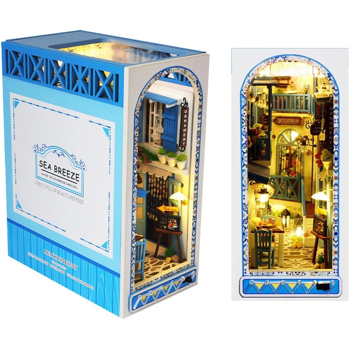 3D puzzle készlet könyvespolchoz, Égei-tengeri design, LED-del és tüköreffektussal, égkék, 15,9x9,2x20,5 cm