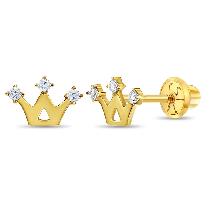 Cercei din Aur 14K pentru Bebelusi si Copii, model Coroana cu Pietre CZ, inchidere cu Filet si Protectie