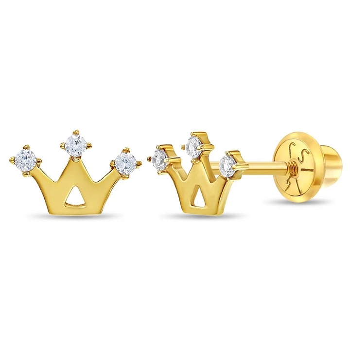 14K arany fülbevaló gyerekeknek, korona alakú CZ kövekkel, cérnazárás és védelem