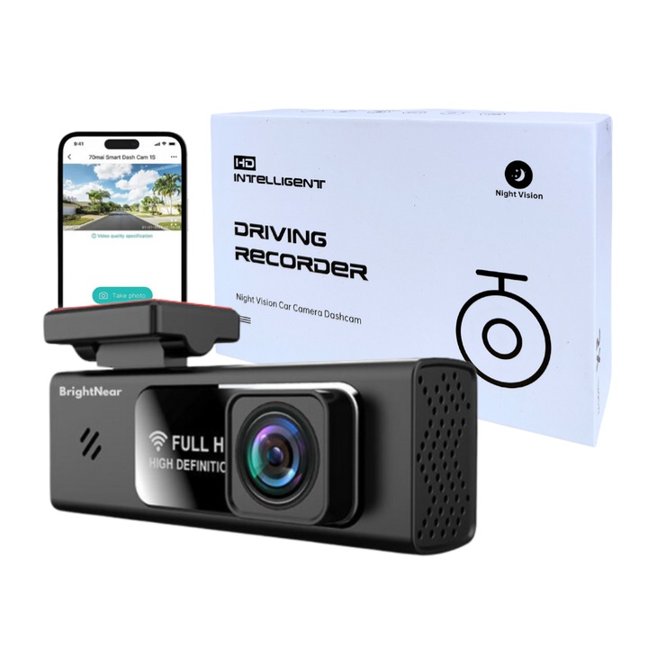 Видеорегистратор, BrightNear®, FULL-HD 1080P, Гласов контрол, Мобилно приложение, Нощно виждане, Ултракомпактен, Циклично записване, 140° видимост, 30 FPS, G-сензор, Разпознаване на сблъсък, Елегантен, Черен