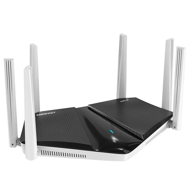 Безжичен рутер COMFAST AX3000, двулентов, Wi-Fi 6, 3000Mbs, двуядрен процесор, игри, 6 антени, формиране на лъча, WPA3 Shield Security, ултра-ниска латентност, OFDMA, MU-MIMO, TWT, целево време за събуждане, BBS Оцветяване, IPv6, OneMesh, Черен