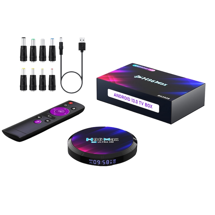 Медиен плейър H96 Max RK3528 с комплект за свързване на кола чрез монитор или телевизор, Пакет за пътуване за шофьори, Дистанционно управление, 8K резолюция, Android 13, BT 5.0, Wifi 6, RAM 4GB, ROM 64 GB Памет