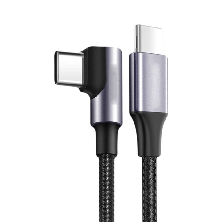 Töltő- és adatátviteli kábel, USB Type-C – USB Type-C, 90 fokos szög, Gyorstöltés, 60 W, 2 m hosszú, Szürke