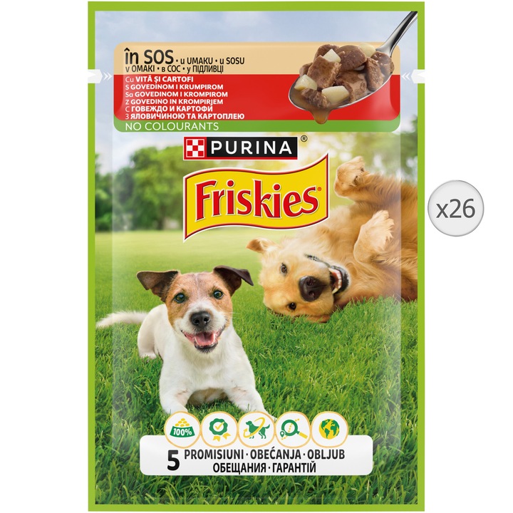 PURINA® FRISKIES® nedves kutyaeledel, Adult marhahússal és burgonyával mártásban, 26x85g