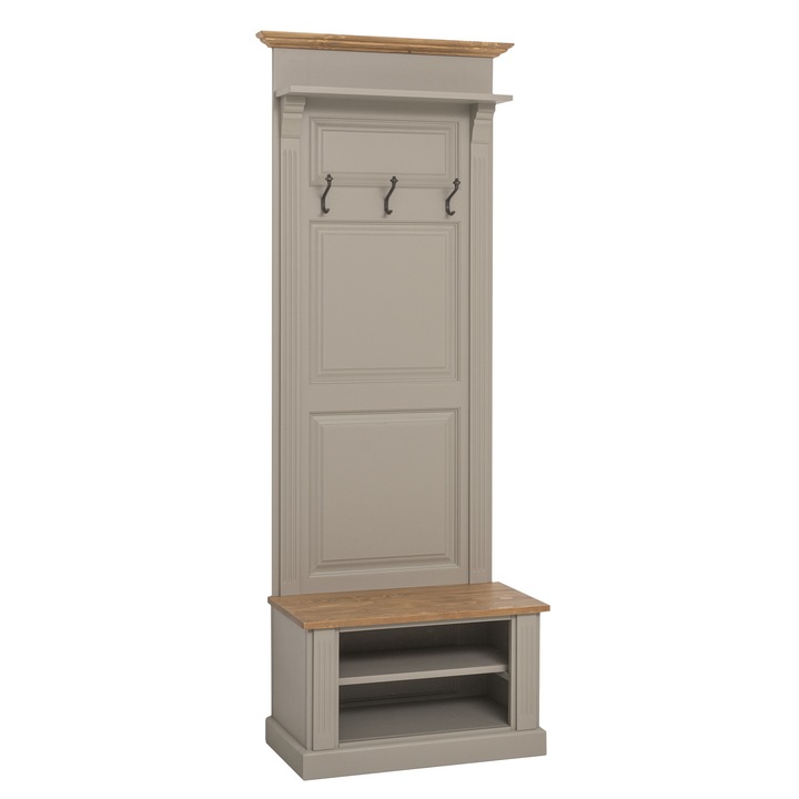 Cuier cu spatiu deschis, culoare blat maro deschis P001, corp gri P030, dublu color, 100% lemn masiv, 80x210x41 cm