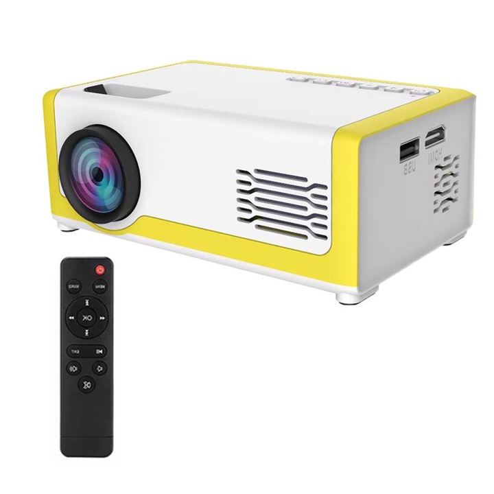 Mini Videoproiector EDAR, Portabil, Rezolutie 1080P, Distanta Maxima Focalizare 2 Metri, Compatibil Telefon, Consola Jocuri, Camera Foto, TV, Card Micro SD, Alb/Galben