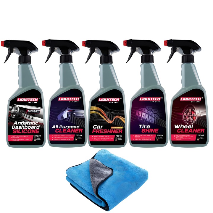 Пълен пакет от 5 разтвора за поддръжка на автомобили и микрофибърна кърпа 90x60cm премиум силикон на борда, универсален разтвор за почистване на повърхности, освежител за въздух за кола, силикон за гуми, разтвор за почистване на джанти, 750 ml