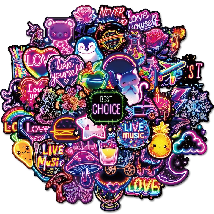 Комплект от 50 декоративни стикера Feicaeesa, неонова шарка, многоцветни