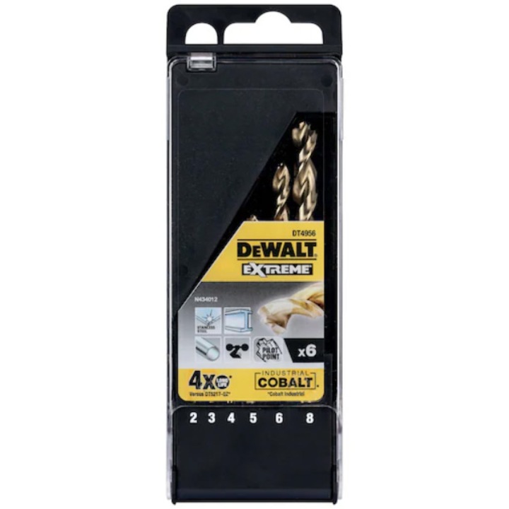 Set 6 burghie metal Cobalt DeWALT DT4956, EXTREME, dimensiuni 2-8mm, 6 piese, burghie pentru gaurire superioara in metal, tija anti-alunecare pentru prindere sigura in mandrina, miez central puternic pentru stabilitate si reducerea ruperii