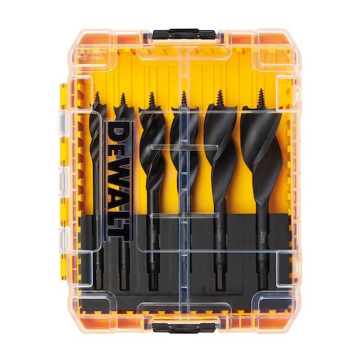 Set 6 burghie cu 3 caneluri pentru lemn DeWALT DT90238, EXTREME, 6 piese, 152mm lungime, cutie compatibila TSTAK pentru depozitare accesoriilor, potrivite pentru gaurire in lemn pana la 100mm adancime