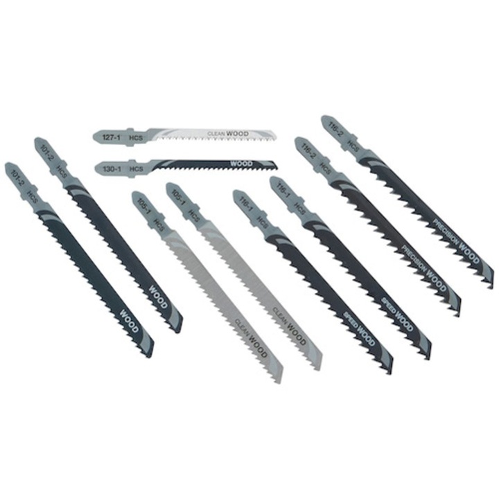 Set mixt 10 panze pentru fierastrau pendular DeWALT DT2290, compatibil cu toate fierastraiele T Shank, durabilitate ridicata si rezultate de taiere excelente, panze HCS pentru flexibilitate suplimentara si prevenirea ruperii dintilor