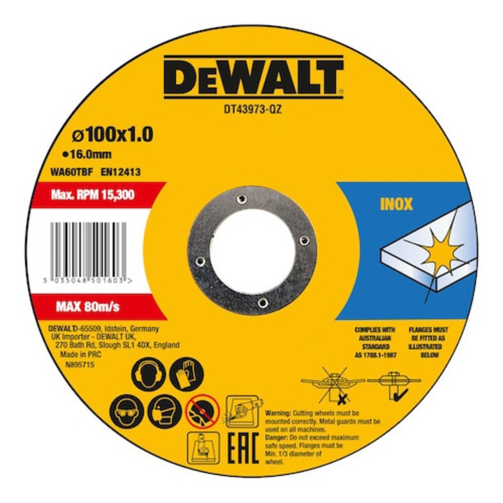 Set 10 discuri (flex) debitare inox DeWALT DT43973, 100 x 1.2 x 16mm, pentru taierea metalului, durata lunga de viata, ideal pentru otel inoxidabil, metale feroase si neferoase, disc abraziv cu granulatie de oxid de aluminiu, in cutie metalica