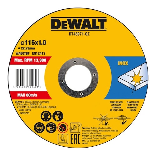 Set 10 discuri (flex) debitare inox DeWALT DT43971, 115 x 1 x 22.23mm, pentru taierea metalului, durata lunga de viata, ideal pentru otel inoxidabil, metale feroase si neferoase, d