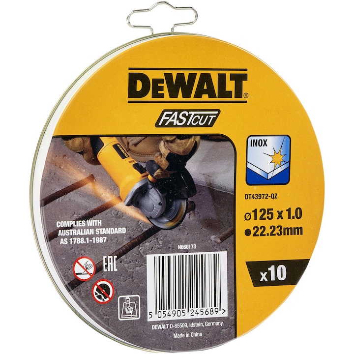 Set 10 discuri (flex) debitare inox DeWALT DT43972, 125 x 1 x 22.23mm, pentru taierea metalului, durata lunga de viata, ideal pentru otel inoxidabil, metale feroase si neferoase, disc abraziv cu granulatie de oxid de aluminiu, in cutie metalica