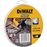 Set 10 discuri (flex) debitare inox DeWALT DT43972, 125 x 1 x 22.23mm, pentru taierea metalului, durata lunga de viata, ideal pentru otel inoxidabil, metale feroase si neferoase, disc abraziv cu granulatie de oxid de aluminiu, in cutie metalica