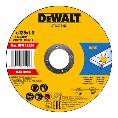 Set 10 discuri (flex) debitare inox DeWALT DT43922, 125 x 1.2 x 22.23mm, pentru taierea metalului, durata lunga de viata, ideal pentru otel inoxidabil, metale feroase si neferoase,
