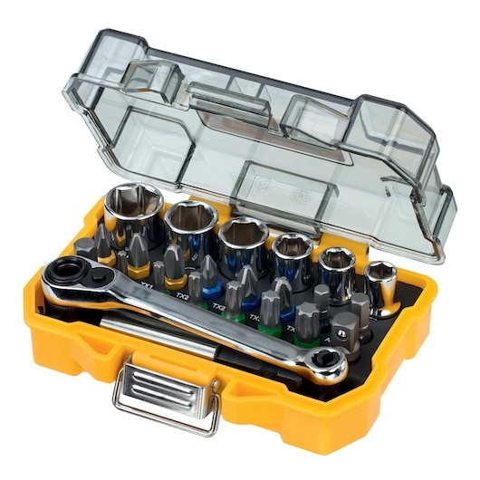 Set mixt 24 chei tubulare si biti surubelnita DeWALT DT71516, clichet si biti surubelnita, dimensiuni populare de chei tubulare, biti colorati pentru identificare rapida, cutie ext
