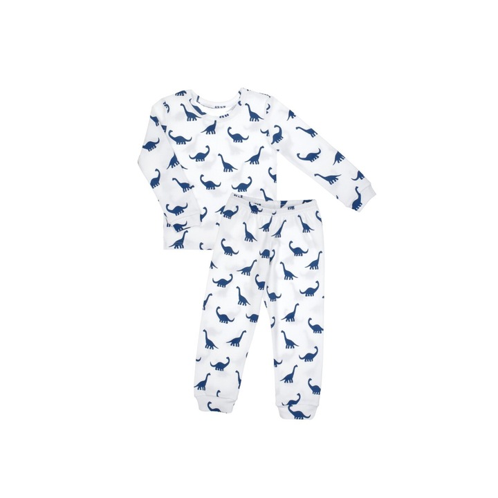 Pijama cu maneca lungapentru copii, Nicol, bumbac, dinozauri, bleu marin, Alb