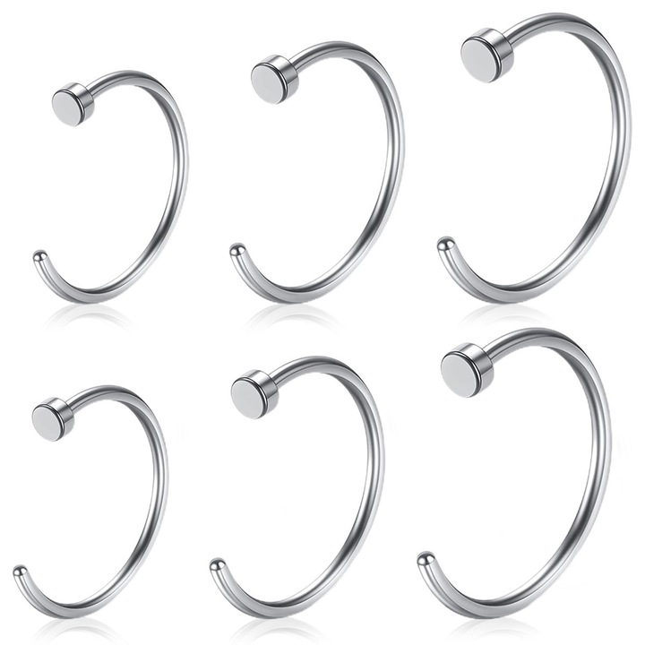 Cercei nas din otel inoxidabil 316L, set de 3 perechi, dimensiuni 8mm, 10mm, 12mm, culoare argintie