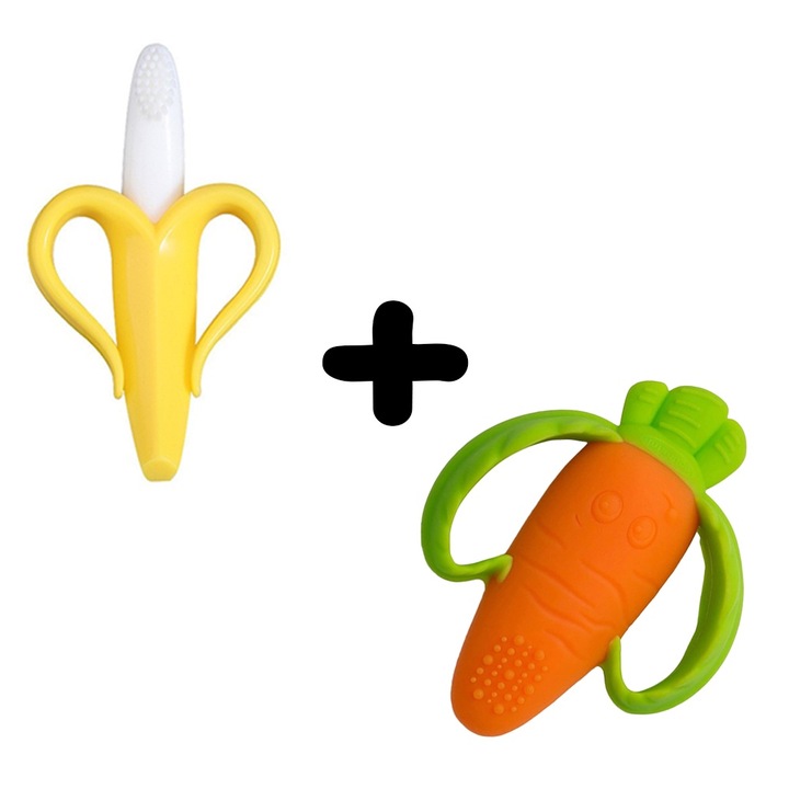 2 az 1-ben fogászati játékkészlet, szilikon nem mérgező, szagtalan, banán mintás, sárga + fogzásgátló játék, csecsemőknek, kommandós gyerekeknek, szilikon nem mérgező, szagtalan, sárgarépa mintás, narancs