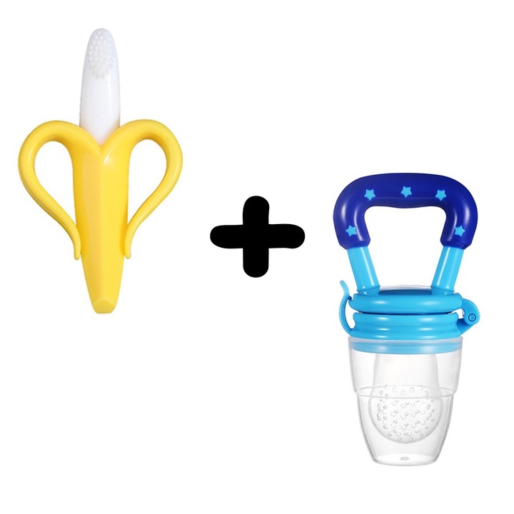 FONIX, 2 az 1-ben fogzásgátló játékkészlet, nem mérgező szilikon, szagtalan, banánmodell, sárga + babaetető eszköz, kommandós gyerekeknek, zöldségekhez és gyümölcsökhöz, puha élelmiszer-szilikon, kék