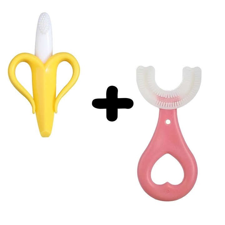 2 az 1-ben Rágóka játékkészlet, nem mérgező szilikon, szagtalan, banános modell, sárga + körkörös fogkefe, csecsemőknek, kommandós gyerekeknek, élelmiszer-szilikon, érzékeny ínyekhez, szívmodell, rózsaszín