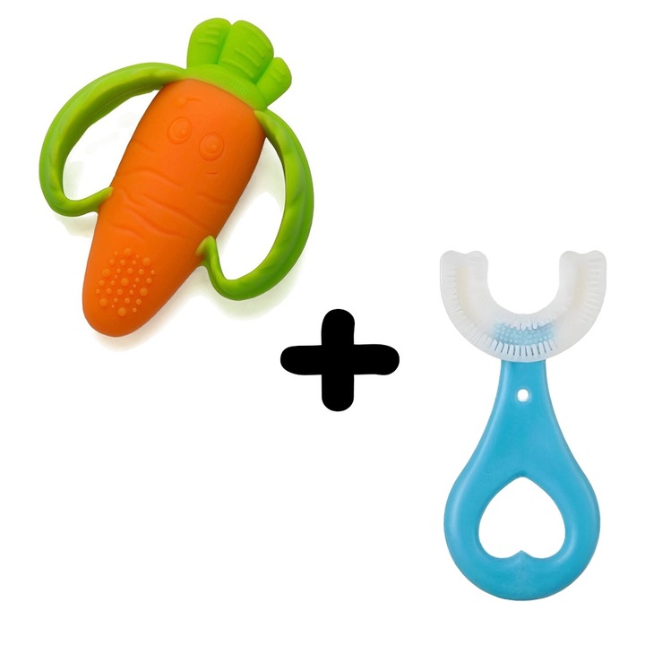 Fogzási játékkészlet, nem mérgező szilikon, szagtalan, sárgarépa mintás, narancssárga + körkörös fogkefe, csecsemőknek, gyerekeknek, élelmiszer minőségű szilikon, érzékeny fogínyhez, szívmintás, kék