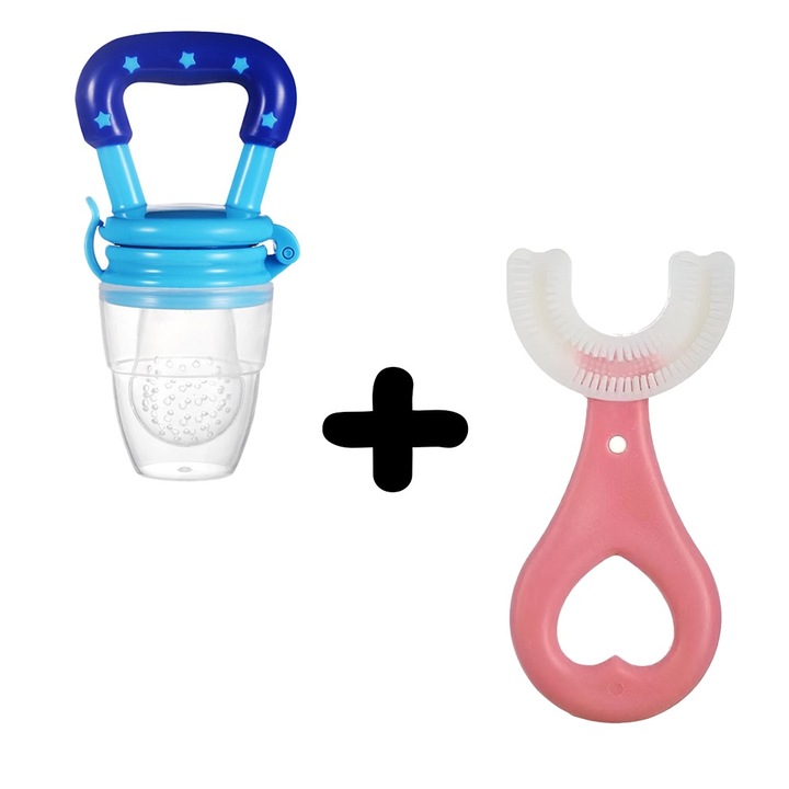 Baba etetőeszköz szett, zöldségekhez és gyümölcsökhöz, puha élelmiszer-szilikon, kék + körkörös fogkefe, csecsemőknek, élelmiszer-szilikon, érzékeny ínyekhez, szívmintás, rózsaszín, Commando Kids