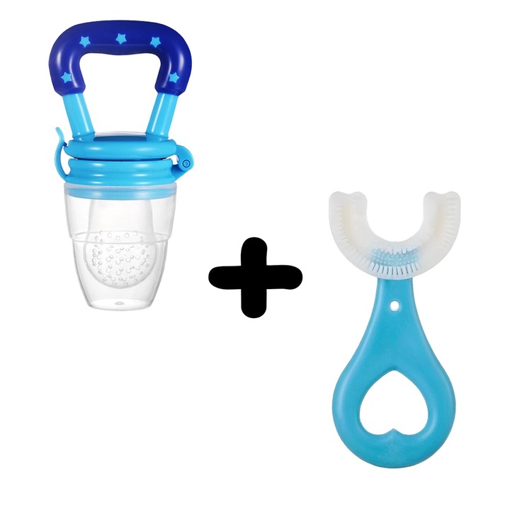 Baba etetőeszköz készlet, zöldségekhez és gyümölcsökhöz, puha élelmiszer-szilikon, kék + körkörös fogkefe, csecsemőknek, kommandós gyerekeknek, élelmiszer-szilikon, érzékeny ínyekhez, szívmintás, kék