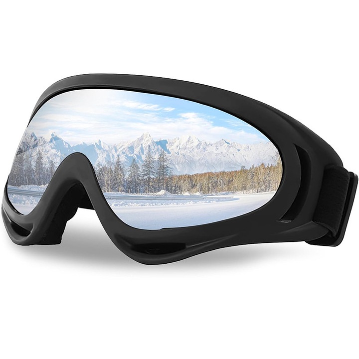 Ochelari protectie ski, Prixtal, protectie UV/anti aburire/spargatoare de vant, TPU/Policarbonat, Unisex, pentru snowboard, bungee jumping, motocicleta, Negru