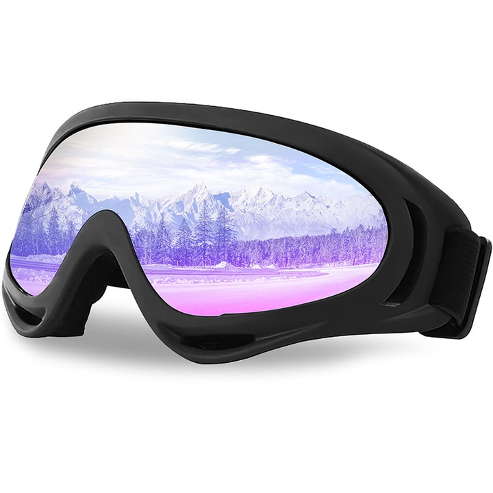 Ochelari protectie ski, Prixtal, protectie UV/anti aburire/spargatoare de vant, TPU/Policarbonat, Unisex, pentru snowboard, bungee jumping, motocicleta, Negru colorat