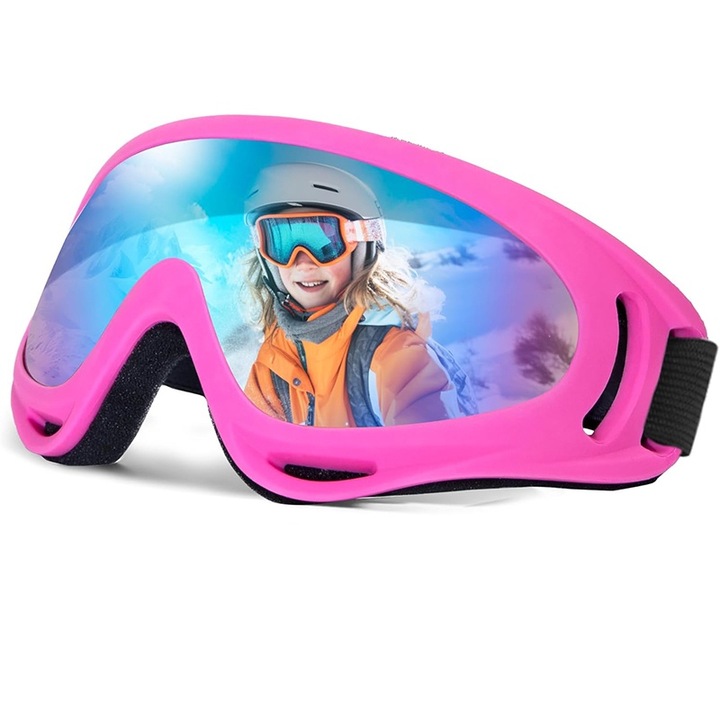 Ски очила за деца, UV защита/замъгляване/ветровка, TPU/Поликарбонат, Унисекс, за сноуборд, бънджи скок, мотоциклет, Розови