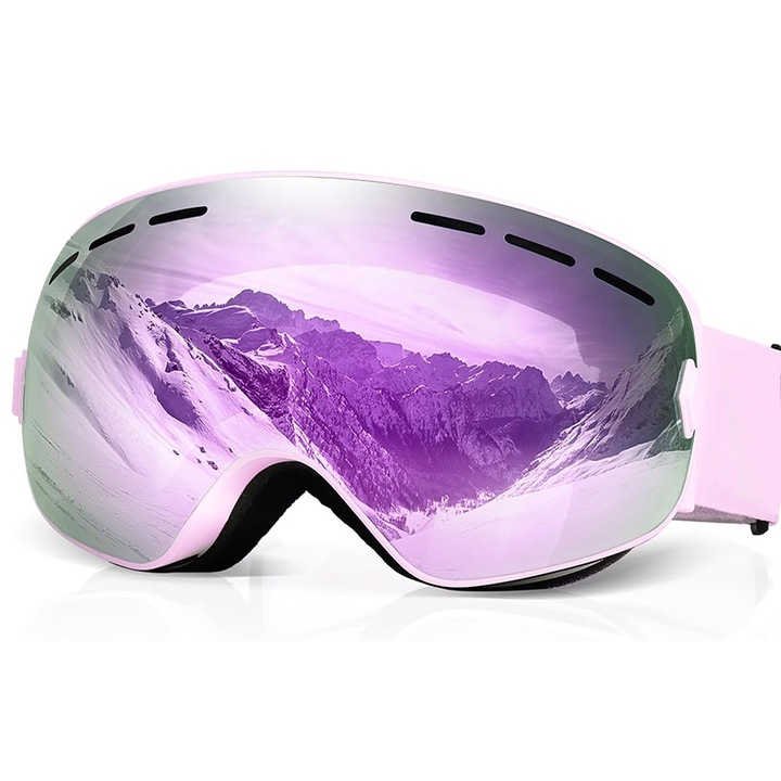 Ски очила, UV защита/замъгляване/ветровка, без граници, По-широко зрително поле, TPU/Поликарбонат, Унисекс, за сноуборд, бънджи скок, мотоциклет, Розови