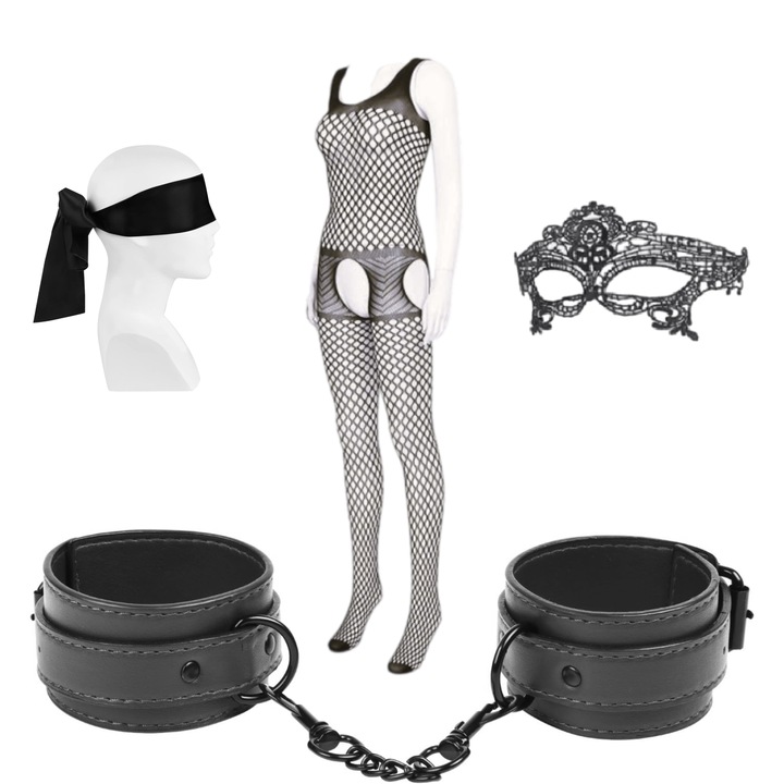 Catuse obsessive jucarii sexuale BDSM, piele ecologica, pentru cupluri, marime universala, catarame metalice, cu masca dantelata, panglica satinata de ochi, lenjerie din plasa elastica incluse