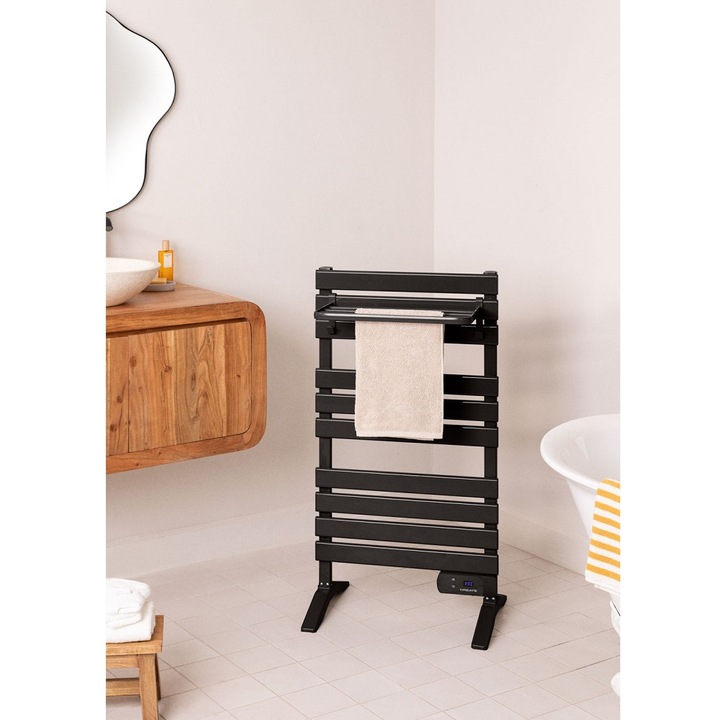 Radiator electric pentru baie CREATE, Warm Towel, port-prosop, temperatura 40°C, panou de control digital, poate fi montat pe perete, timer 8h, consum redus, picioare si raft incluse, negru