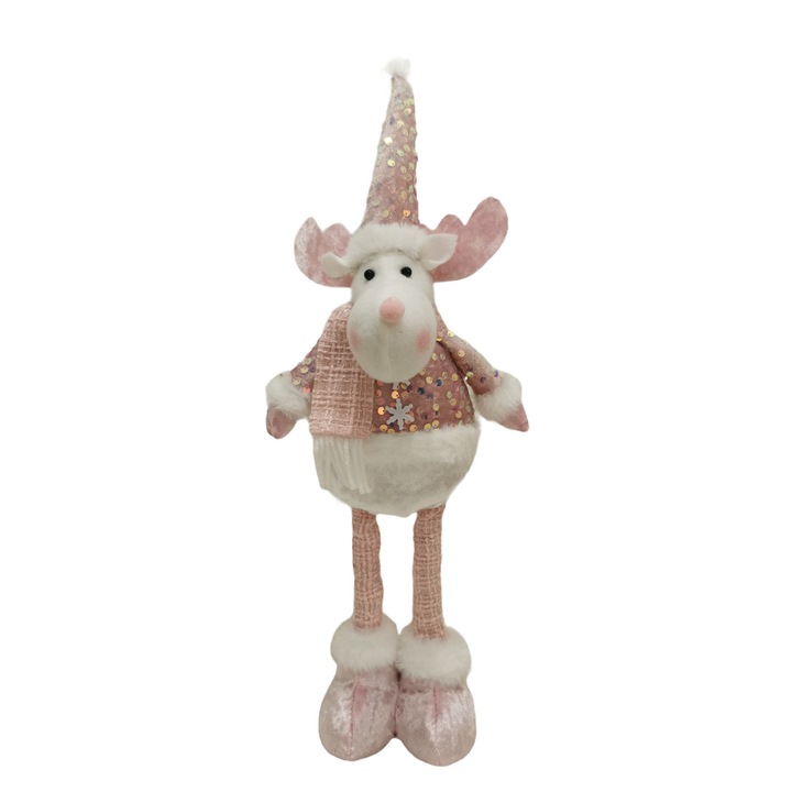 Figurina Decorativa, Pentru Craciun, Flippy, Ren, Picioare Telescopice, Inaltime Reglabila 44-54cm, Bluza cu Paiete, Roz