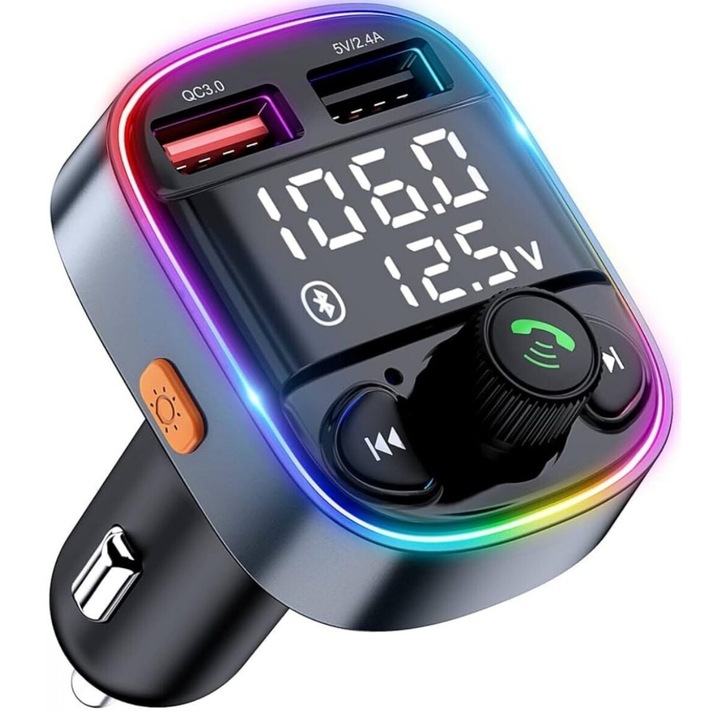 Bluetooth FM модулатор за кола с бързо зареждане QC3.0, връзка със свободни ръце, Bluetooth 5.0 адаптер за кола с поддръжка на карта и USB, LED дисплей със 7 цвята, 10 функции, черен