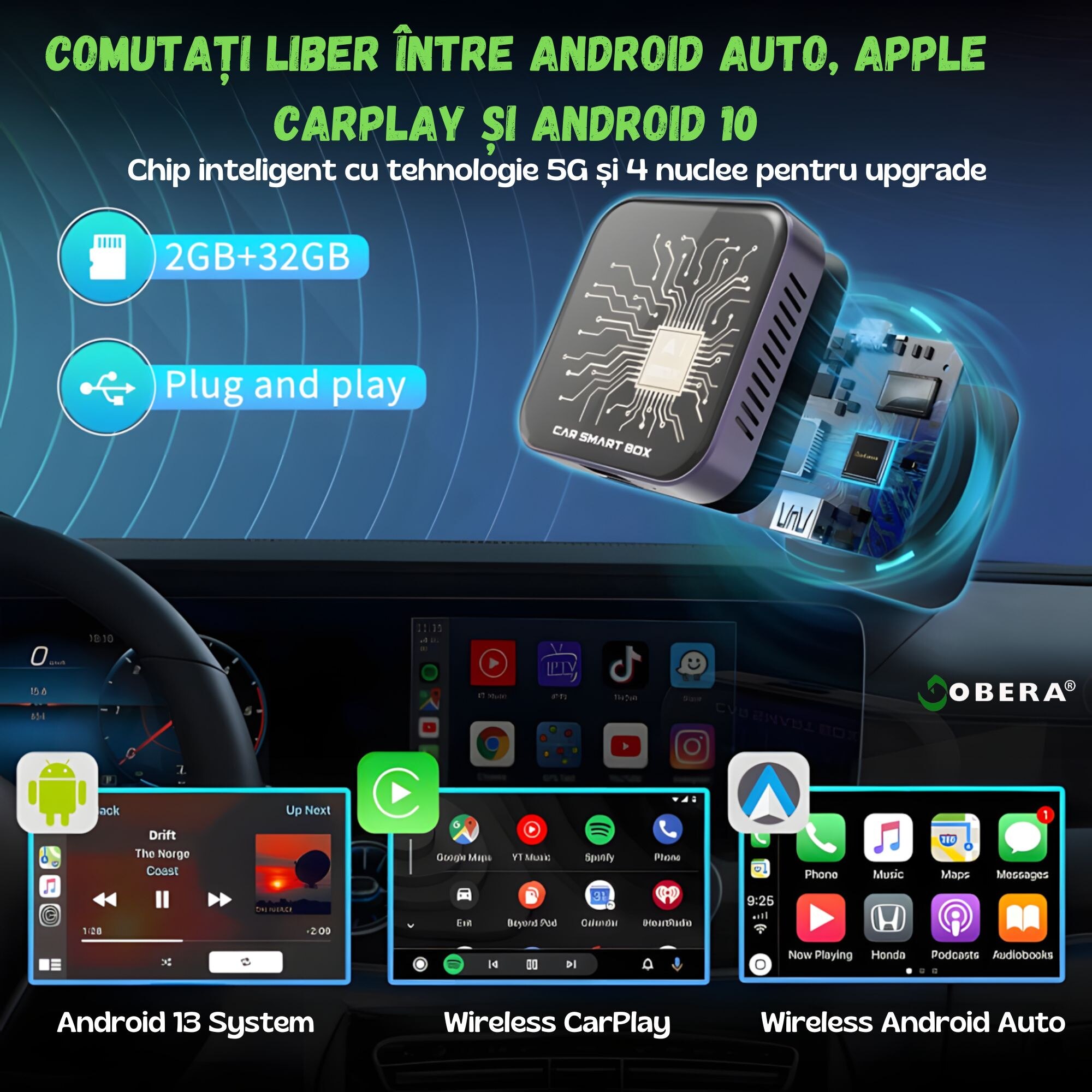 Modul AI Box auto wireless Carplay si Android Auto goBERA