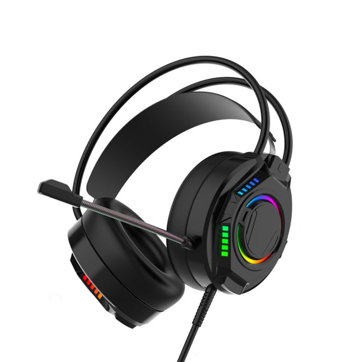 Számítógépes gamer fejhallgató, USB csatlakozás, RGB fényeffektus, mikrofon, intelligens zajszűrés, 7.1 csatornás sztereó, görgős hangerőszabályzó kialakítás, fekete