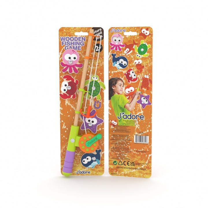 Set din lemn, pescuit distractiv, portocaliu, 6 piese