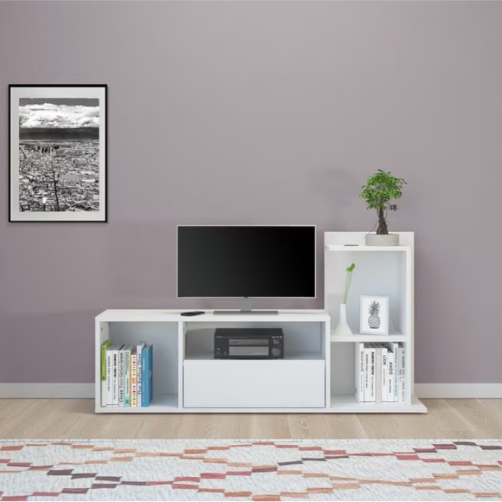 TV szekrény, fehér, multifunkciós, bútorlap 18 mm, 150x22x25 cm, 5 polc, könyvespolc, nappali tároló, MOBLETO