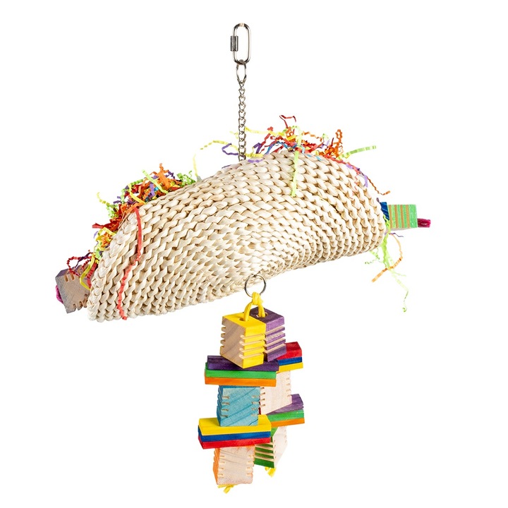 Jucarie Pentru Pasari, Duvoplus, Taco De Porumb Cu Cuburi De Lemn, Multicolor, M: 36x19x40cm, L14893