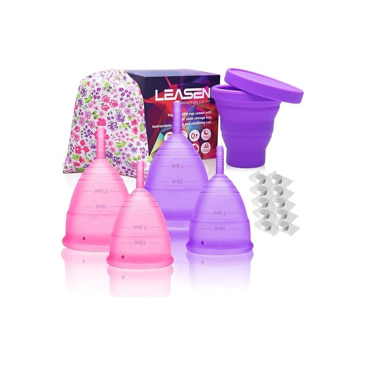 Kit menstrual din silicon moale, design premium, 2 x cupe pentru perioada mica, 2 x cupe mari, 1x husa din bumbac, 1 x 200 ml sterilizator, 10 x prosoape de curatat de unica folosinta, LEASEN