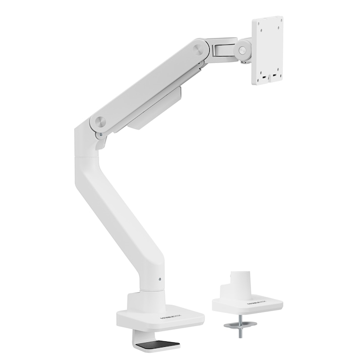 Suport monitor 17-49" inch, Brat Reglabil StableArm UpStrong Heavy-Duty, Ridicare Asistata cu Mecanism Gas Spring, Pana la 20 kg, Organizator cabluri, Stil Minimalist pentru Birou Office, Gaming, Prindere cu clema/surub in blat - Alb